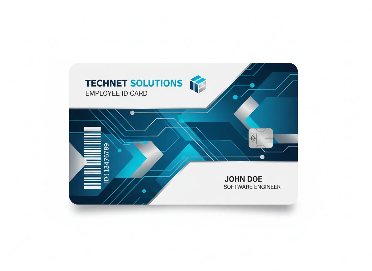 Employee no-photo ID card with a modern design background, showing blue shades shapes with circuit board lines, contact chip, and 2D barcode.