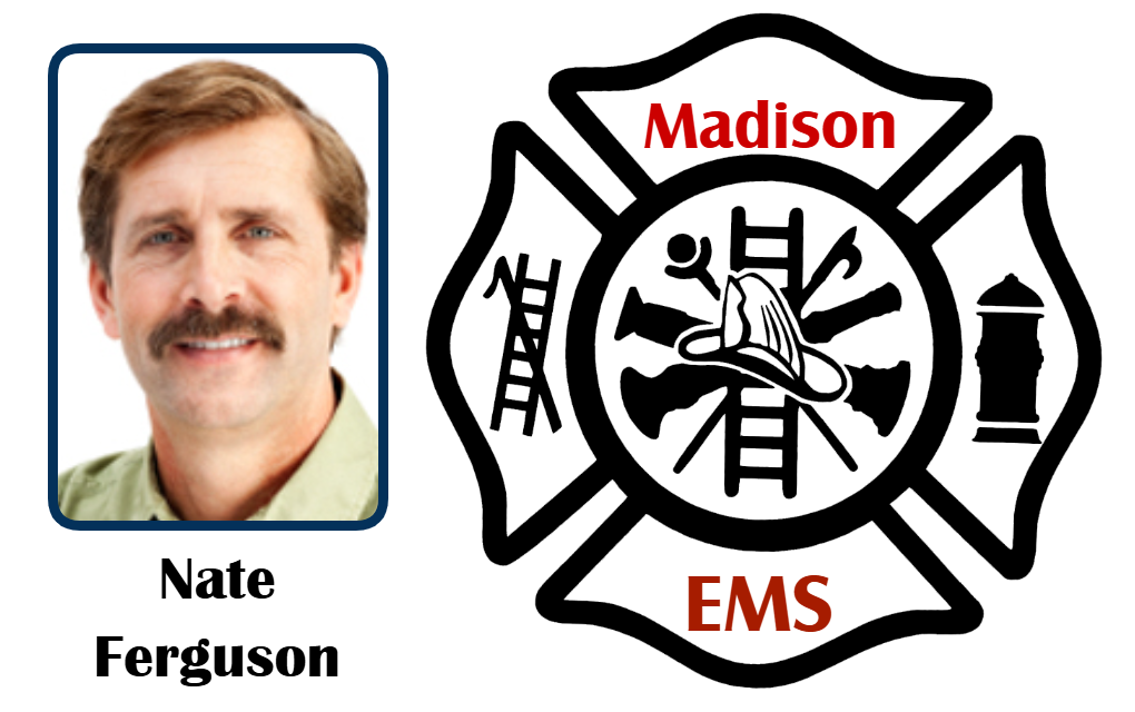 ID card template features headshot of man with mustache, Madison EMS logo with firefighting symbols; waterproof, 40mil thick option, clear overlay option
