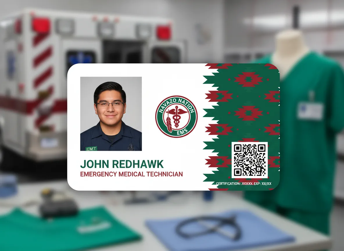 EMT photo ID badge, with green and red abstract image on the right hosting a QR code, personalized data on the left, and logo in the center area.