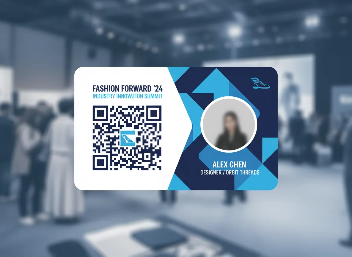 Event pass card, featuring blue shades abstract image, hosting a rounded photo area, along with large QR code, and event name above it.