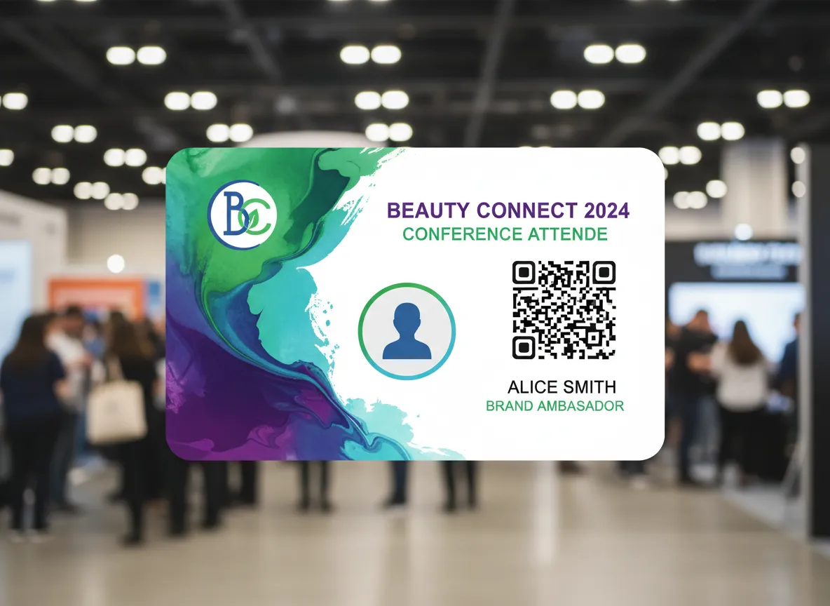 Event pass type ID card, featuring green, blue and purple flow, abstract background, rounded photo in the center, and a QR code on the right.