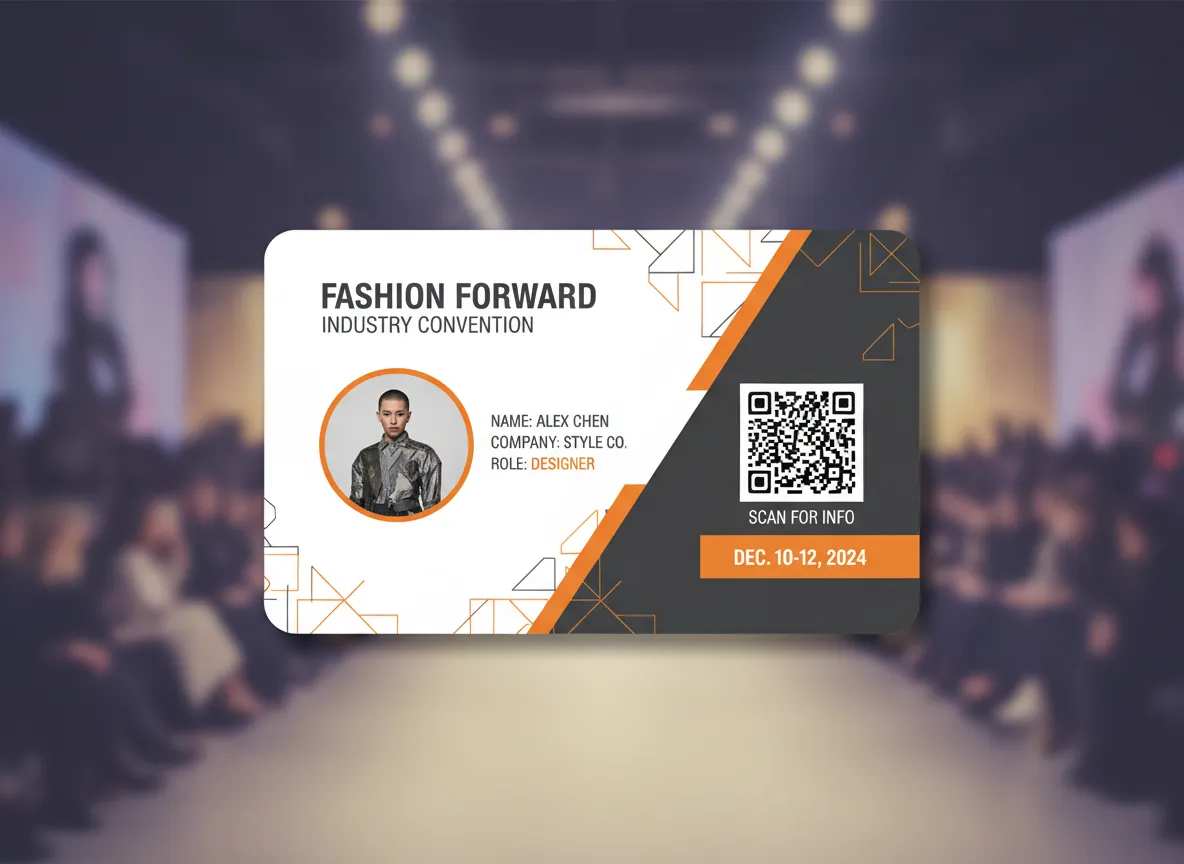 Fashion industry convention, photo ID pass, featuring triangle shape inspired, orange and dark grey design, displaying QR code along with event data.