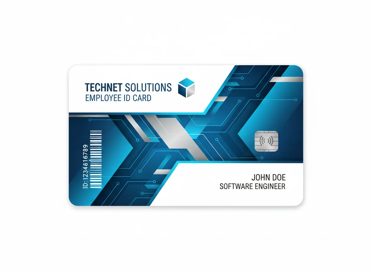 Fintech industry employee custom ID card, featuring letter-X inspired design, with blue and grey shades sections, circuit lines, and contact chip.