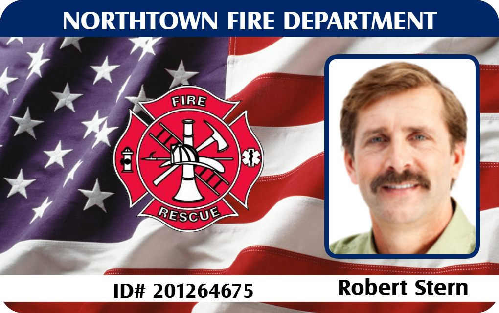 Template for Northtown Fire Dept ID badge, US flag, fire rescue emblem, male with mustache photo, 40mil thick option and waterproof overlay