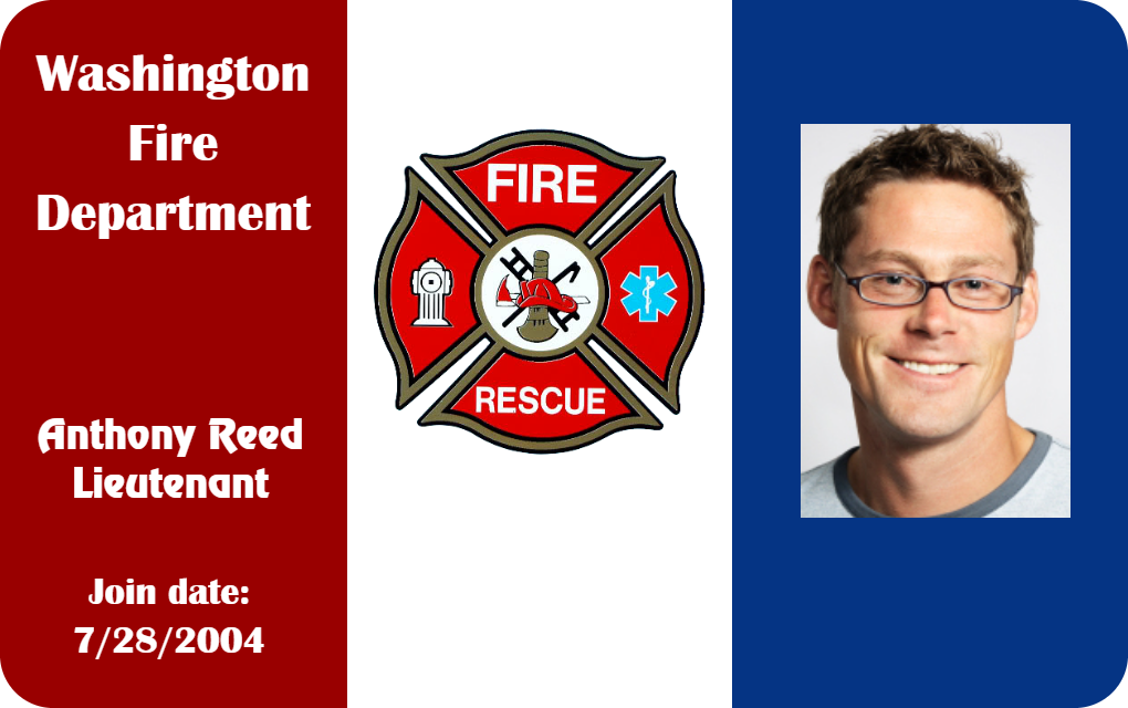 Template id badge featuring a Washington Fire Department badge, photo of a smiling man with glasses, and title over a red-white-blue background; waterproof, 40mil thick option