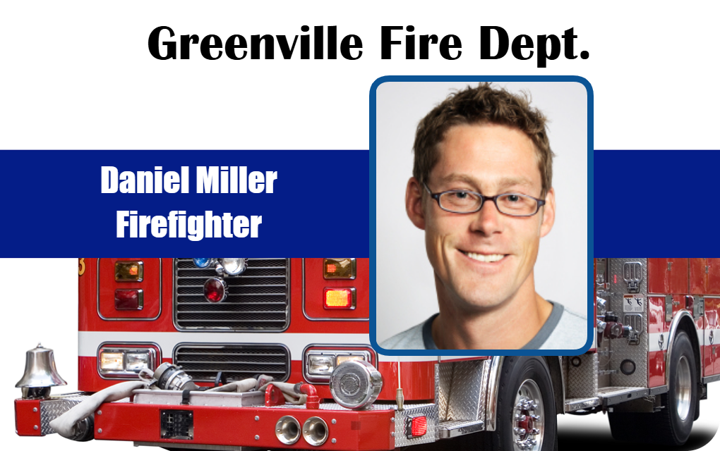 Template ID card for Greenville Fire Dept., features a man with glasses, Firefighter title, fire truck below. Waterproof, wear resistant, clear overlay option