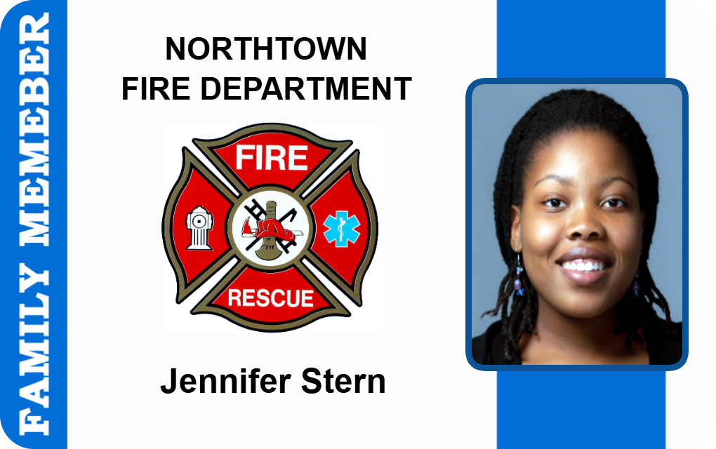Template ID card for Northtown Fire Department family member with a badge, woman's smiling photo, name, clear overlay option, 40mil thick durable PVC