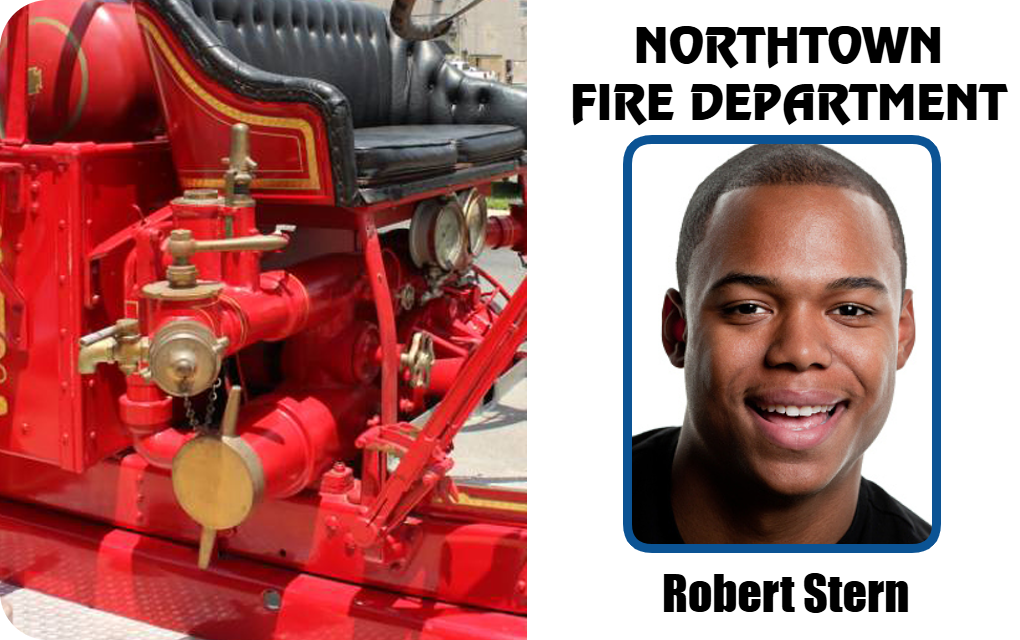 Template ID badge features a close-up of a vintage fire truck on the left and, on the right, a man with mustache; Northtown Fire Department. 40mil thick option, waterproof