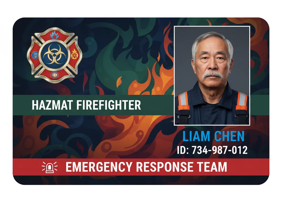 Firefighter ID badge for hazmat emergency response team member, showing fire cross with biohazard symbol, personal data on flames abstract background.
