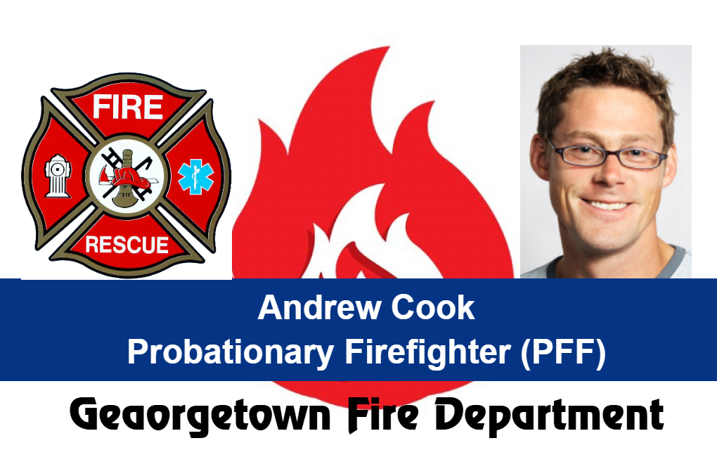Template ID badge with fire emblem, male headshot, Georgetown Fire Department info, 50mil thick option, clear overlay for wear resistant finish