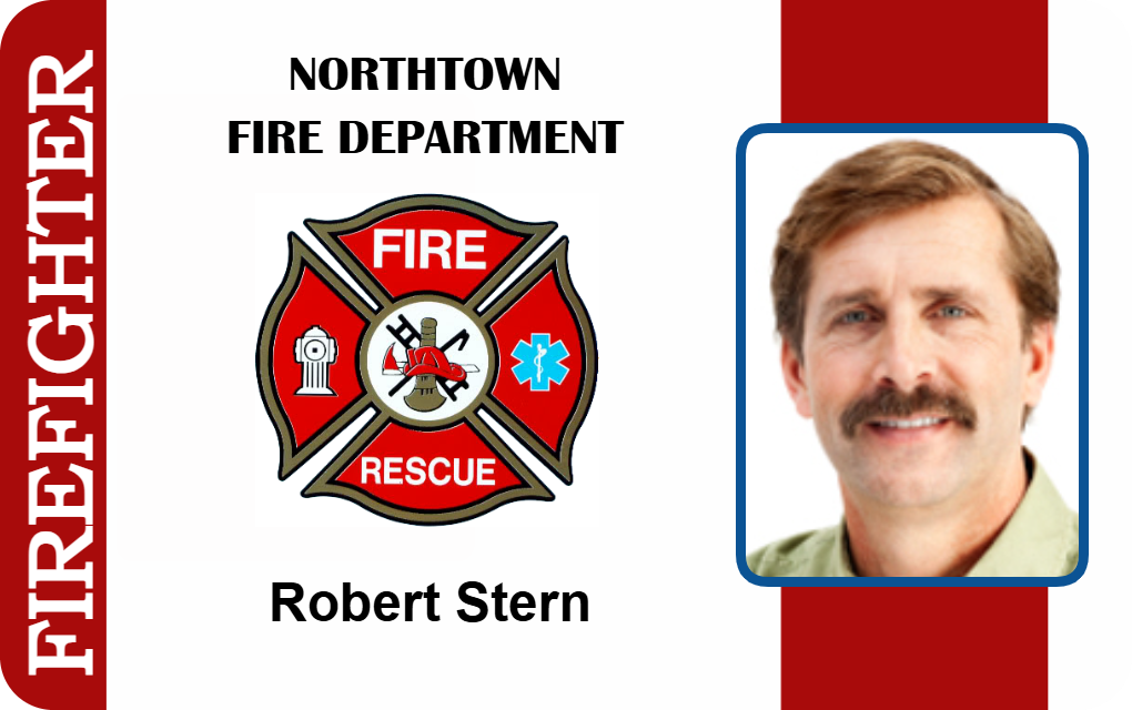Template firefighter ID card featuring a fire rescue emblem, a portrait of a man with brown hair and mustache; includes clear overlay option and waterproof, wear resistant features