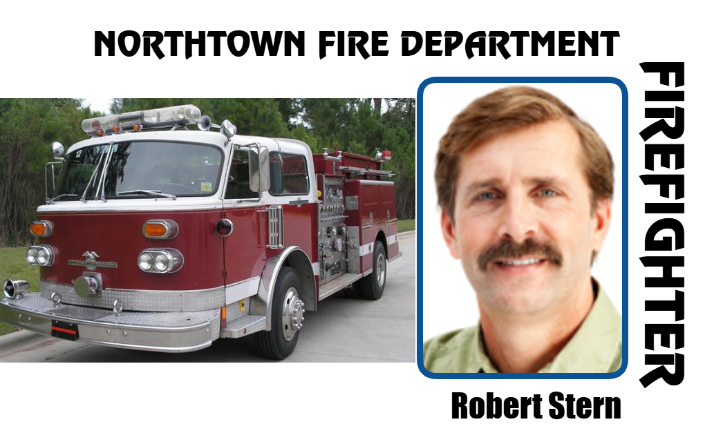 ID badge template featuring a red fire truck next to a man's headshot with mustache, labeled Northtown Fire Department Firefighter; waterproof, bend resistant, clear overlay option
