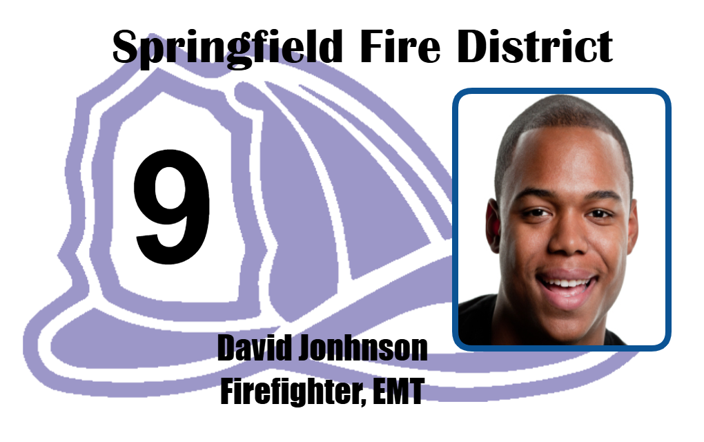 Template ID badge for Springfield Fire District with firefighter helmet (number 9), photo area, and title fields; waterproof, durable PVC, 40mil thick option