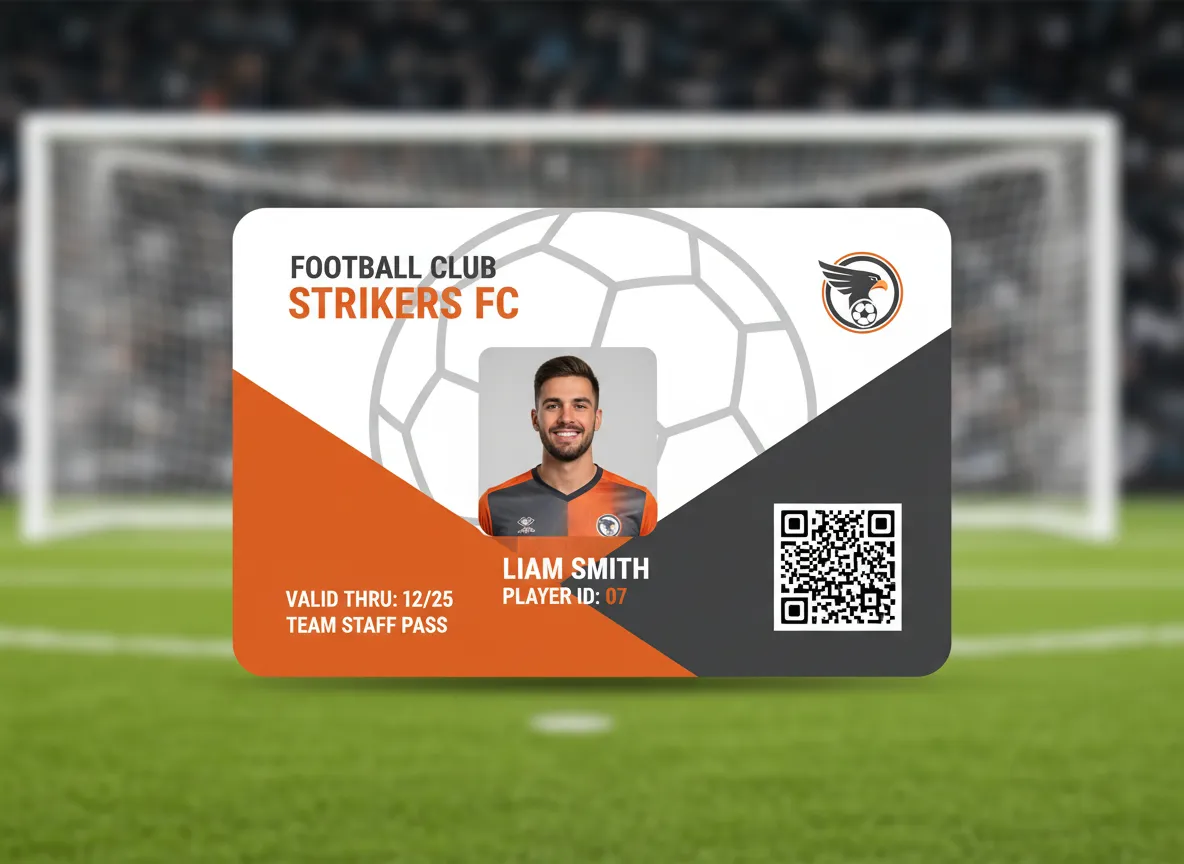 Football club, athlete identification card, featuring symmetrical design with large orange and grey color panels with blended soccer ball background.