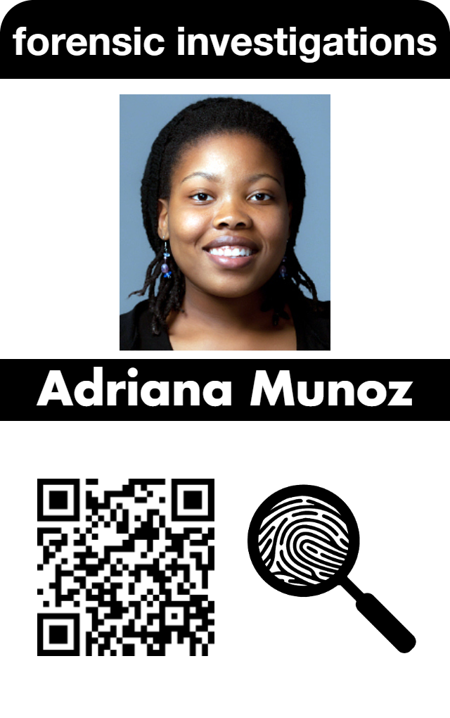 Template forensic investigations ID card or badge showcasing a smiling woman, a QR code, fingerprint icon with magnifying glass, durable PVC, waterproof
