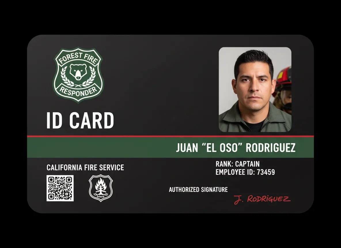Forest fire responder ID card, featuring dark grey background with red and dark green accents, showing department logo, person's photo and data.