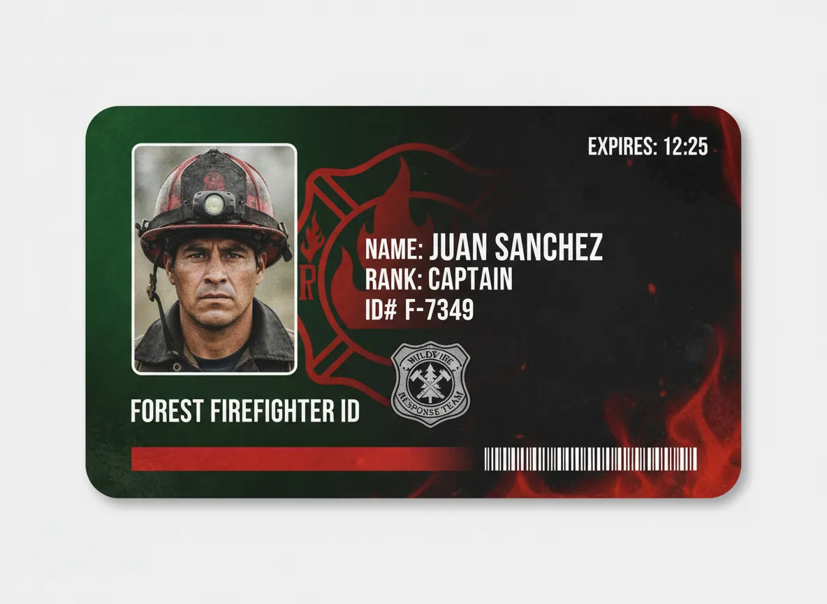 Forest firefighter ID badge, featuring green and black background with blended fire cross and flame shapes, displaying photo and personalized data.