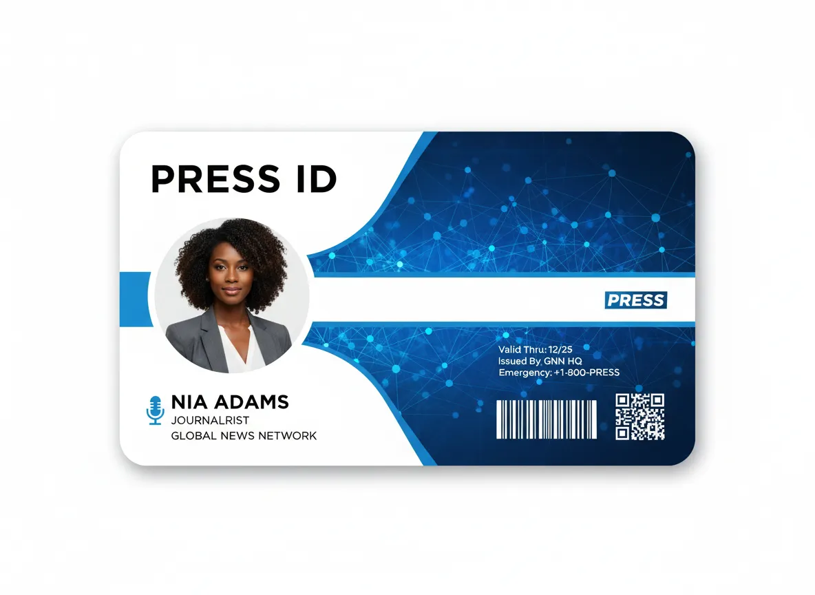 Futuristic design press ID badge, with photo, QR code, barcode, available in 30, 40 and 50 mil thick PVC options and holographic overlay.