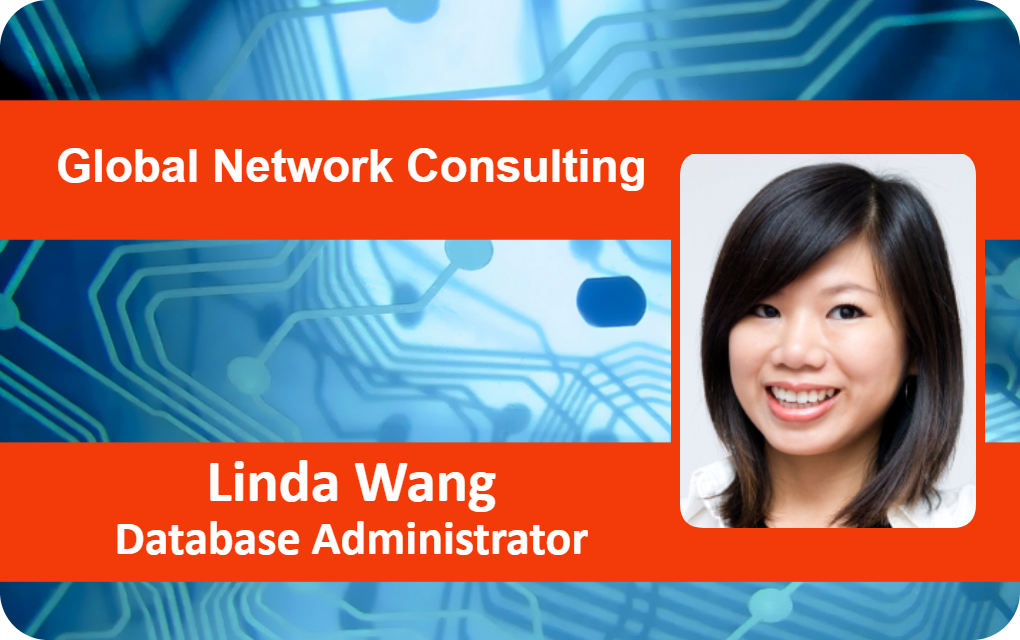 Template ID badge for Global Network Consulting on a circuit board background, photo of a smiling Database Administrator; features wear resistant, bend resistant 40mil thick option