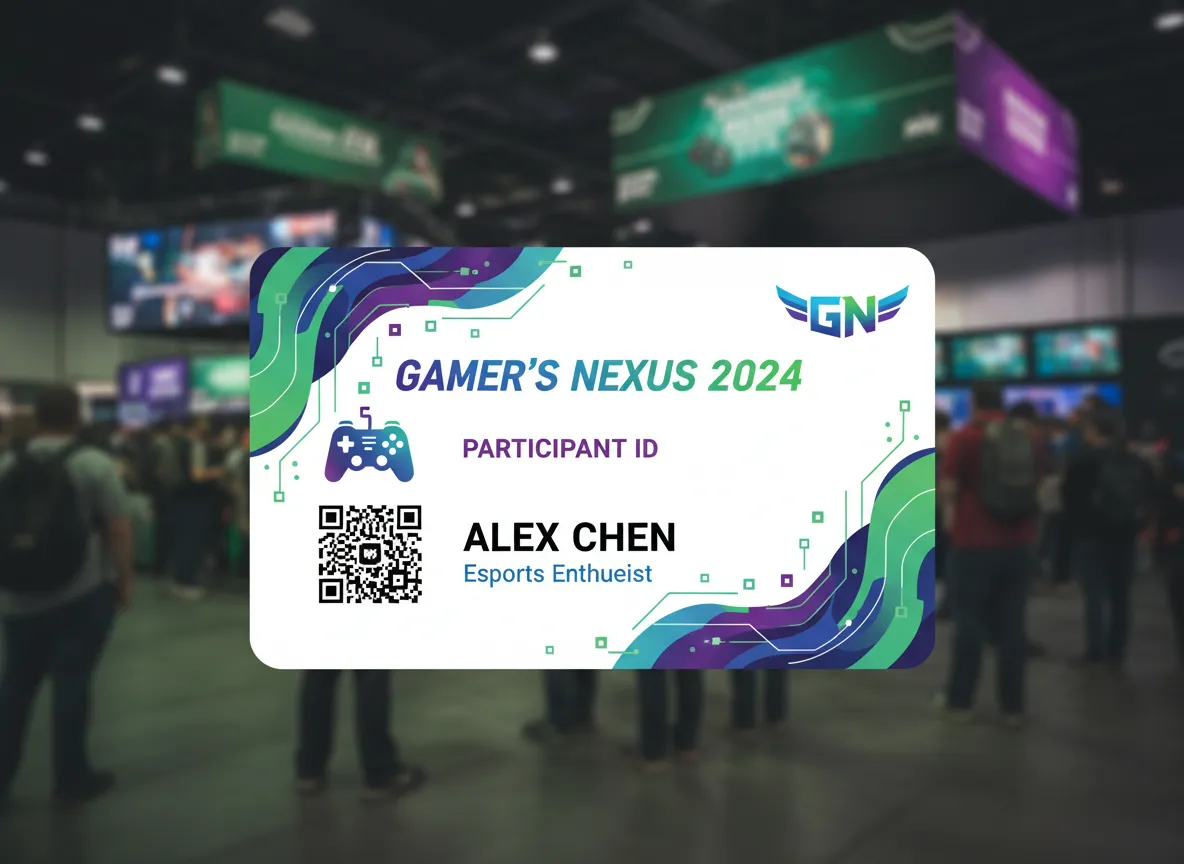 Gamer's forum, convention pass with wavy color and circuit board design, gaming controller image, event logo, name and QR code.