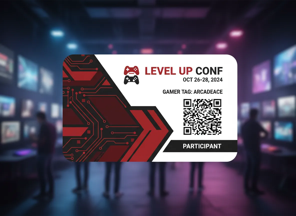 Gaming conference, participant no-photo ID badge, with circuit board image, event information and QR code for instant access to the stored data.