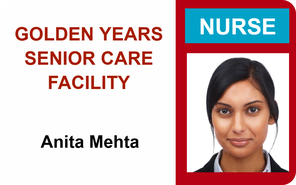 Template for ID badge: Golden Years Senior Care Facility, labeled NURSE, featuring a photo and bold name text. Wear resistant, waterproof, durable PVC; added security holographic overlay option