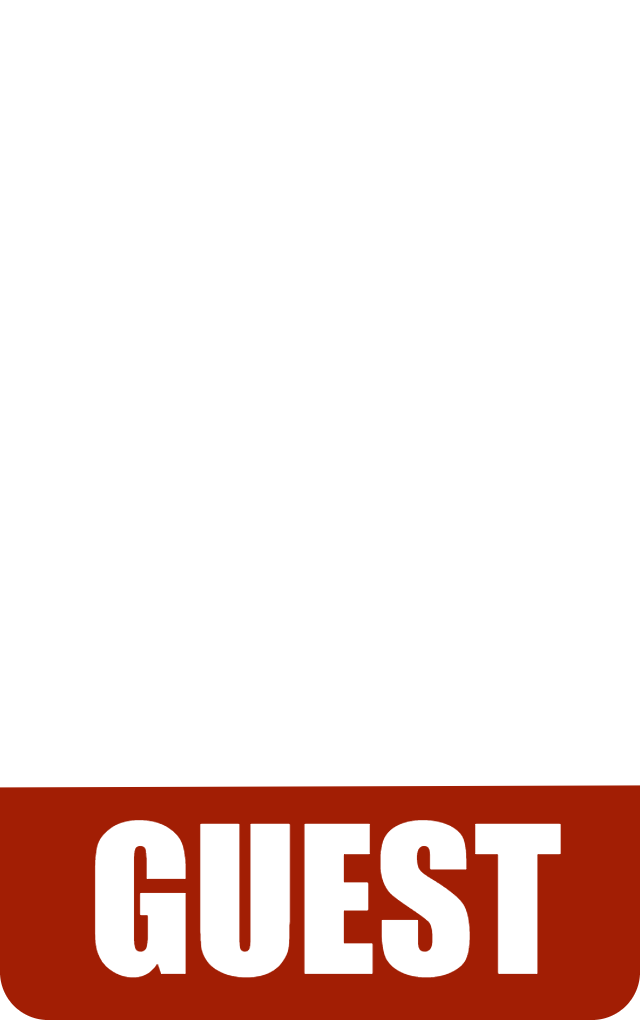 ID card template featuring a solid red bar at the bottom with "GUEST" in bold white capitals; rest of the badge is blank white. Waterproof, bend resistant, 40mil thick option