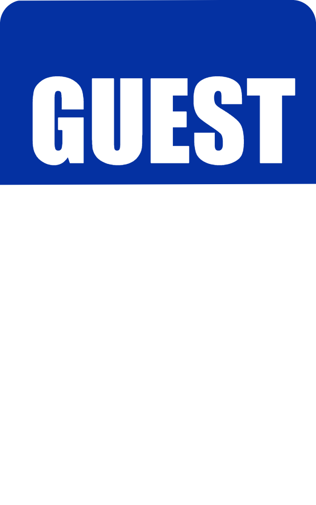 Template for an ID card or ID badge: blue rectangle with "GUEST" in bold white uppercase at the top, rest blank and white. Waterproof, includes bend resistant, 40mil thick option