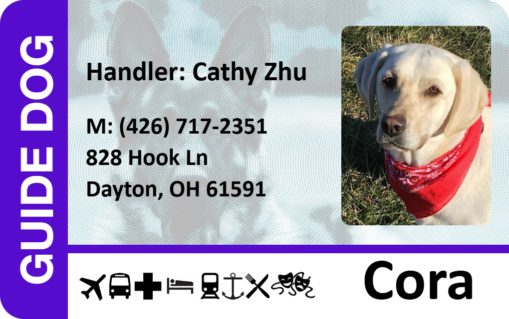 Template ID card showing guide dog's photo, handler info, accessibility icons; made of durable PVC with waterproof and wear-resistant clear overlay option