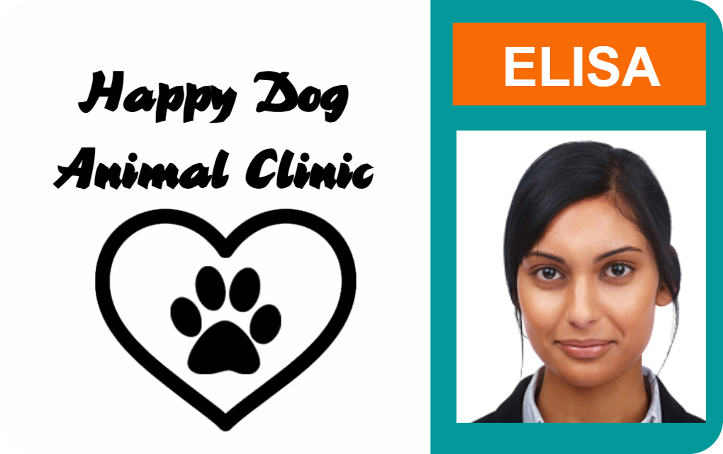 Template ID badge for Happy Dog Animal Clinic, heart and paw logo left, photo female staff right with ELISA in bold orange; waterproof, 40mil thick option