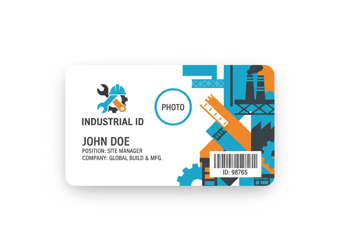Heavy industry theme, custom ID card template, showing a rounded photo in an outline, wrench, sprocket and hard hat logo, and personal data.