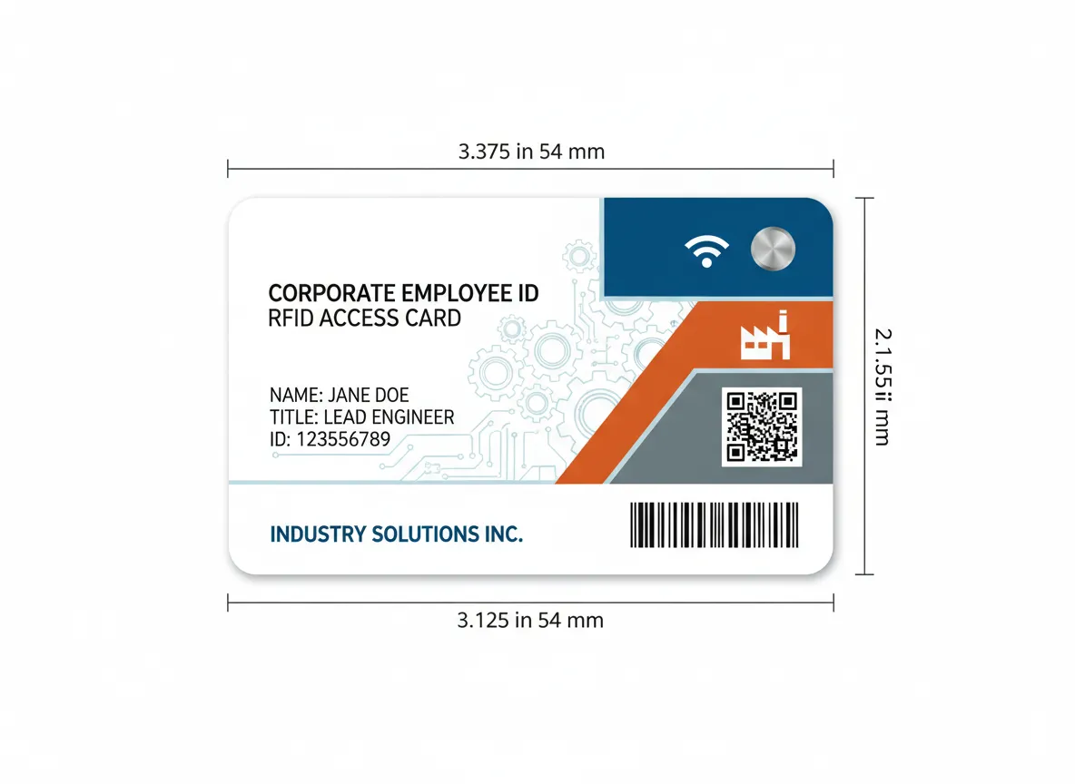 Heavy machinery industry, employee ID card, showing orange, blue and grey panels, blending with sprockets and electronic circuits lines, and QR code.
