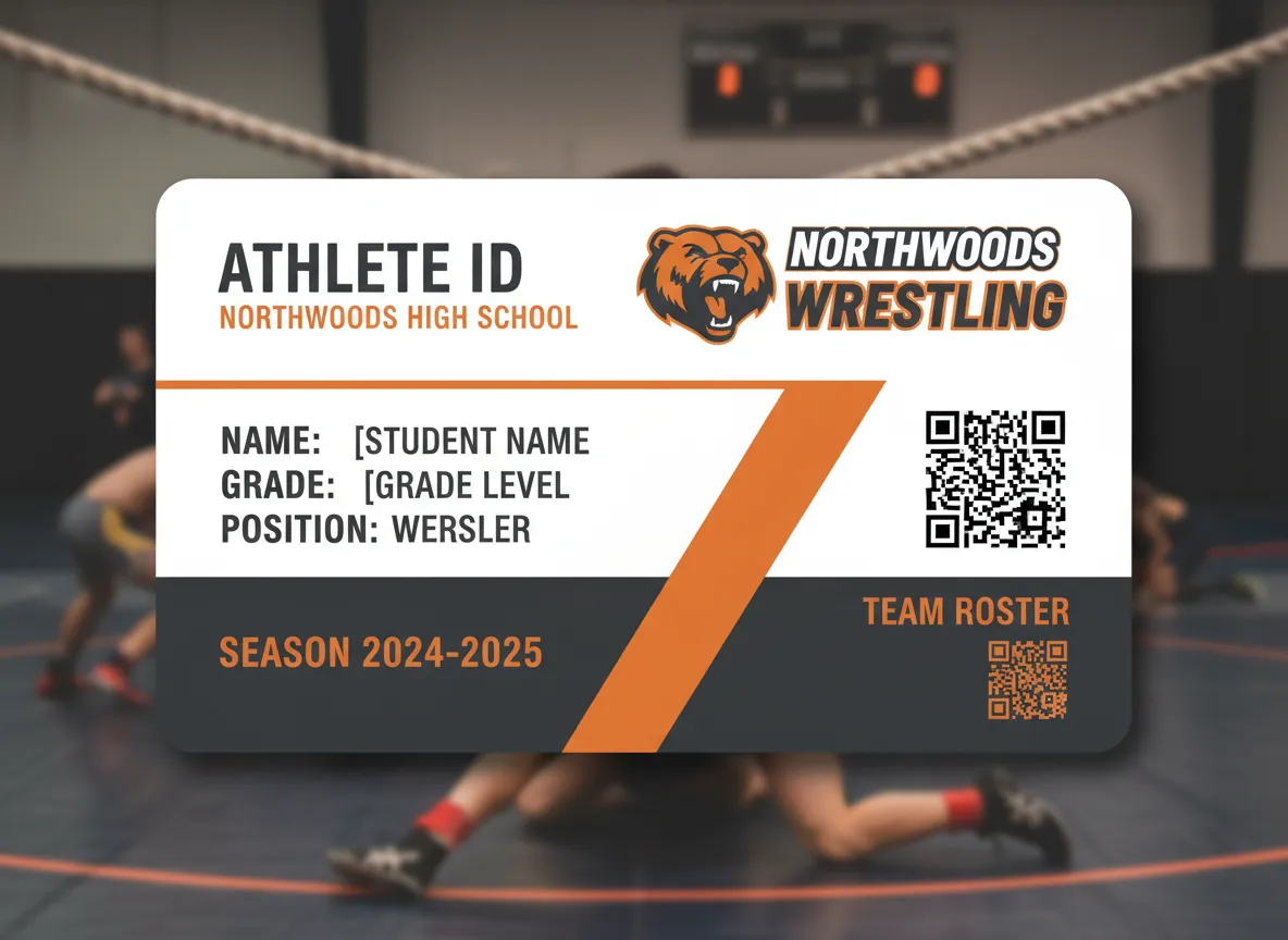 High school varsity team, wrestler ID card, featuring orange, grey and white theme, team mascot, personalized data, and 2 QR codes for extra capacity.