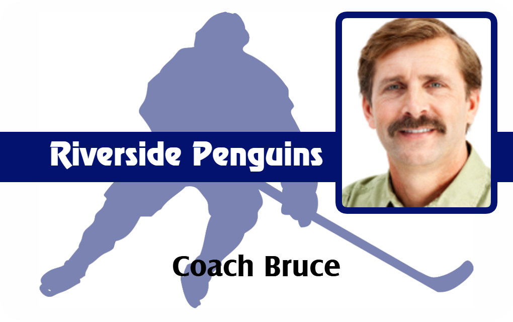 Riverside Penguins coach Bruce ID badge template, portrait and hockey player silhouette, durable PVC, wear resistant, added security holographic overlay option