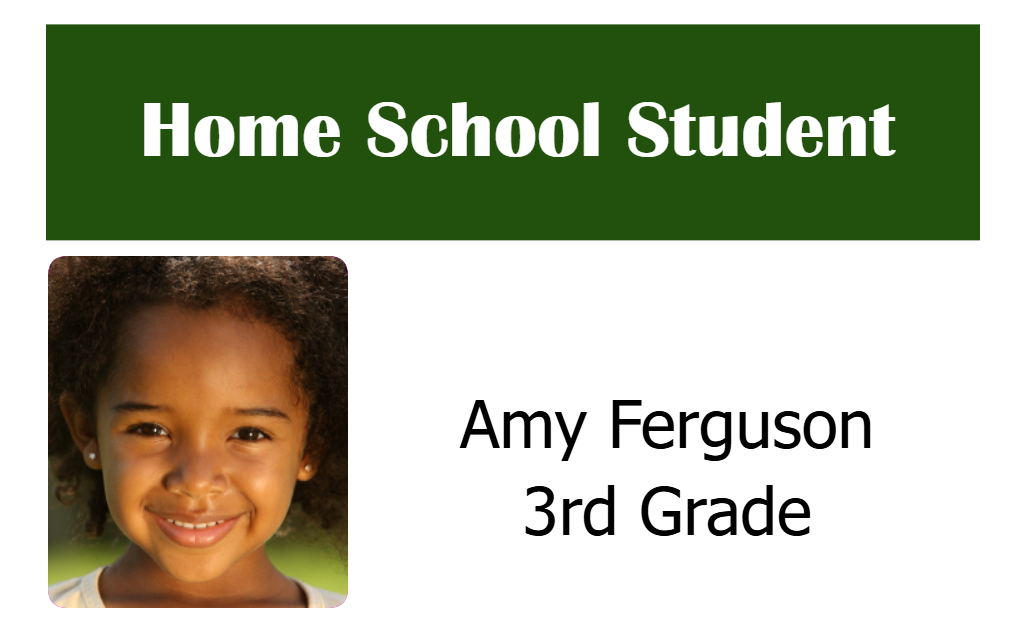 Template home school student id card with a child’s photo on the left, grade and name on the right, clear overlay option, waterproof, durable PVC