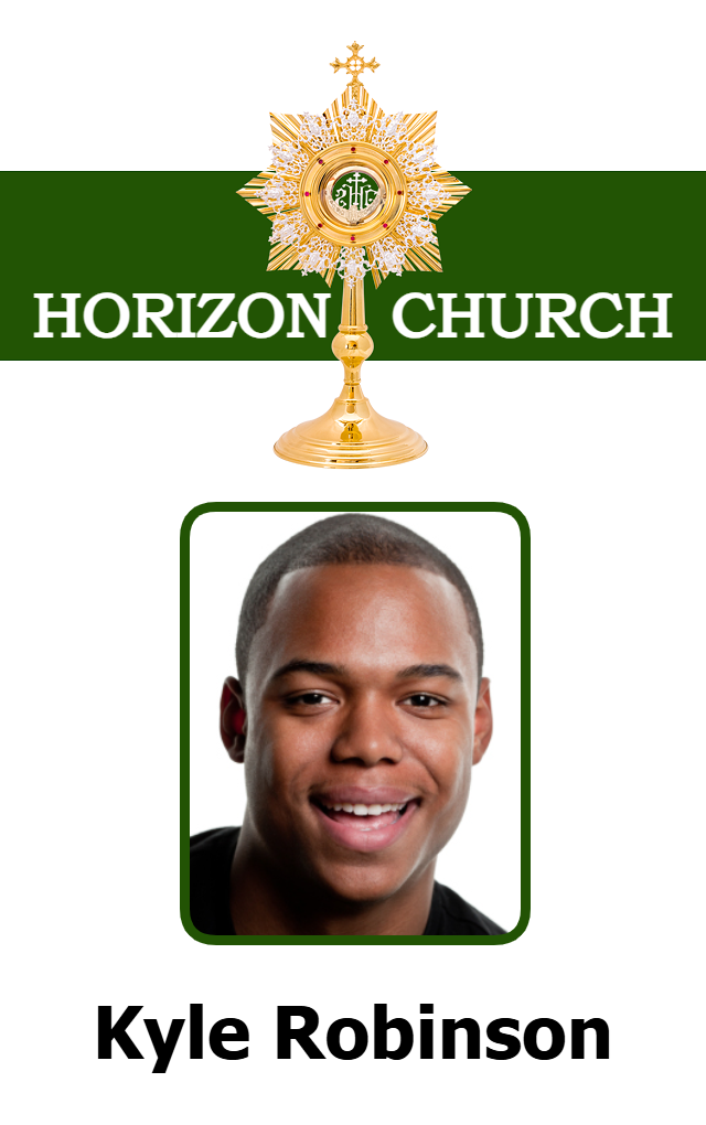 ID badge template featuring a portrait of a smiling young man under a green "HORIZON CHURCH" banner with gold religious emblem; includes waterproof, bend resistant, 40mil thick option