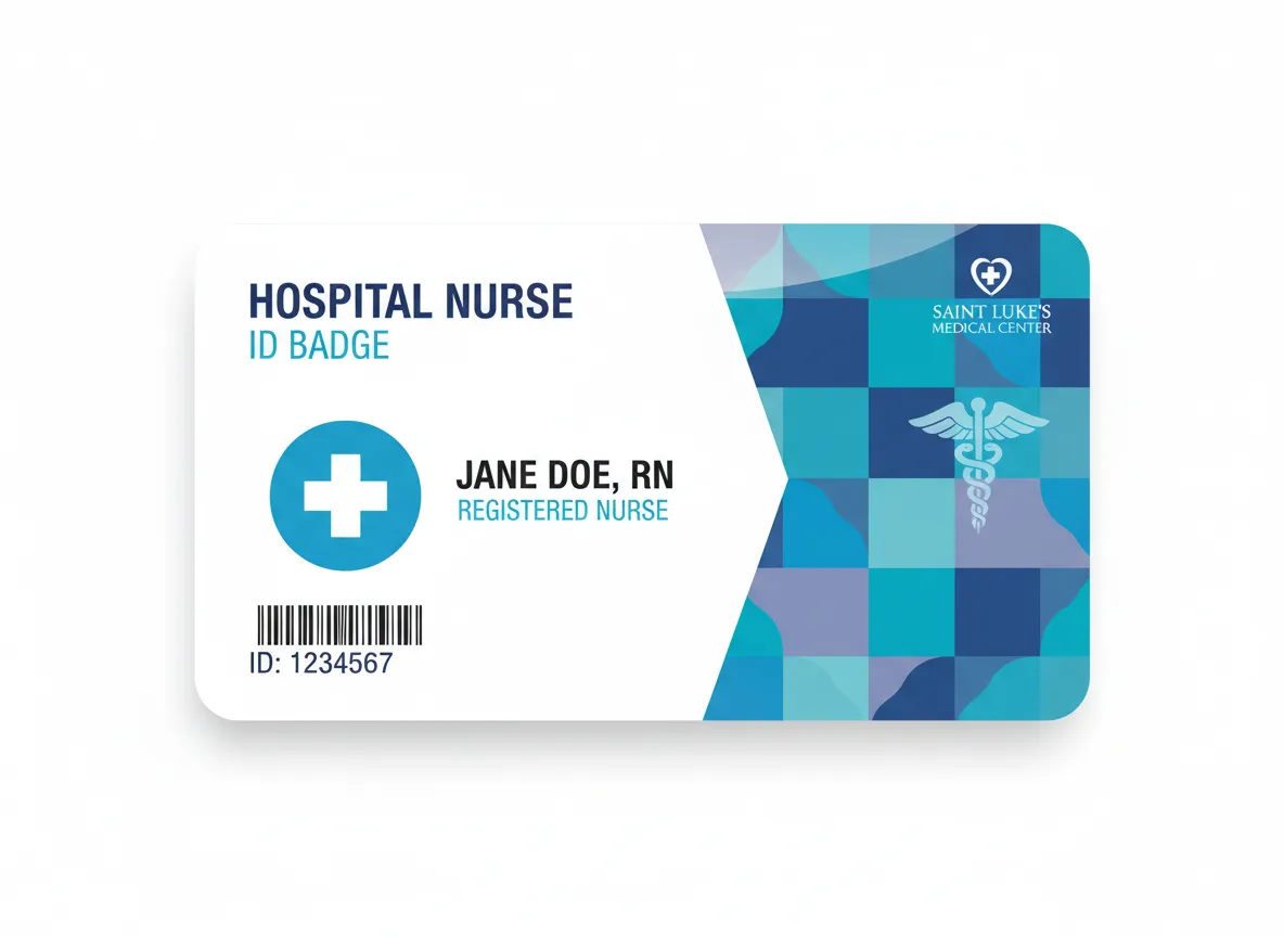 Hospital nurse no-photo ID card, containing various information, featuring RFID for access control and attendance systems; contextual color theme.