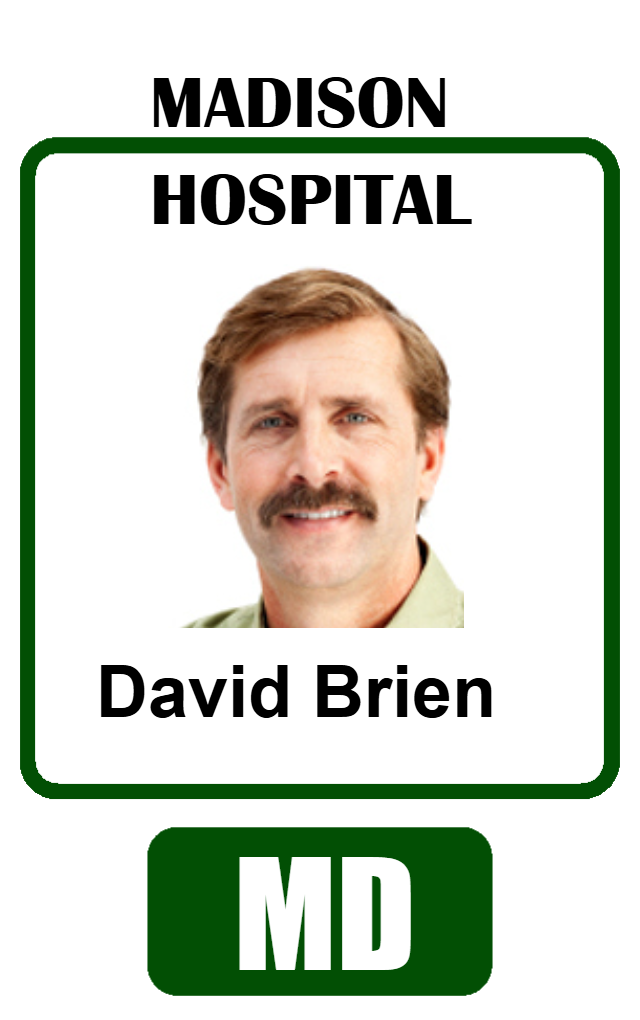 Template ID badge for Madison Hospital with headshot of man with brown hair and mustache. Text shows name and MD title at bottom. Durable PVC, waterproof, clear overlay option