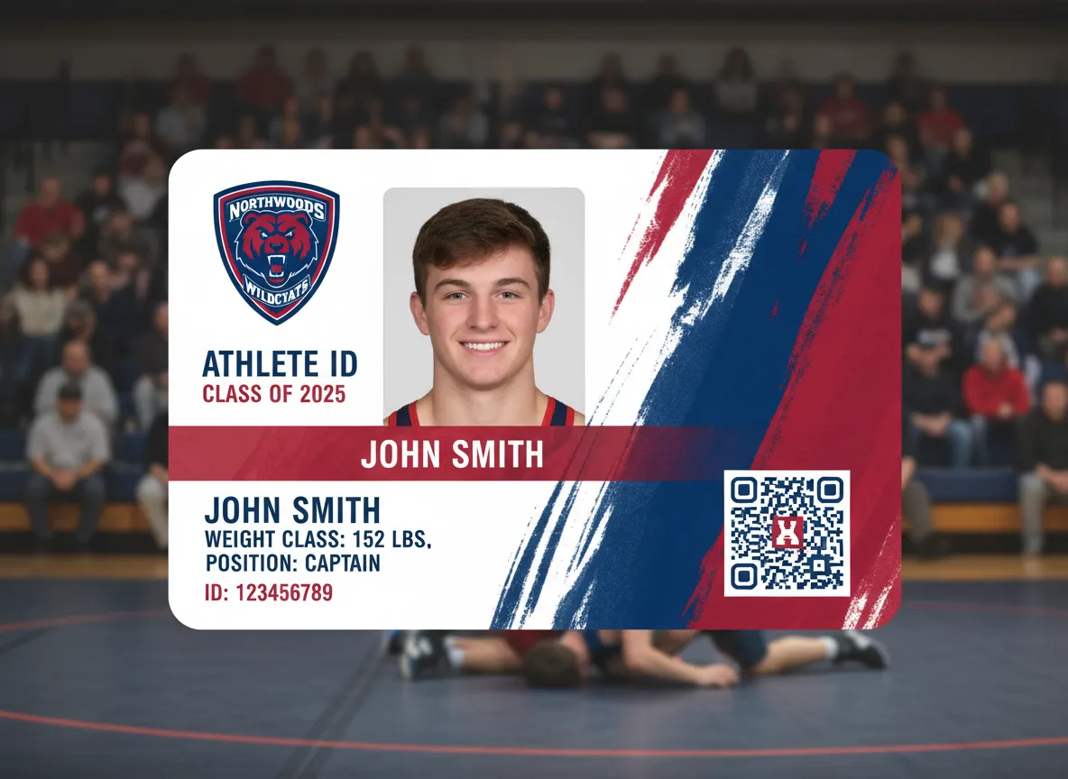 HS athlete ID badge, with red and blue abstract image on the right, blended with red color bar, showing person's name, with weight class data below.