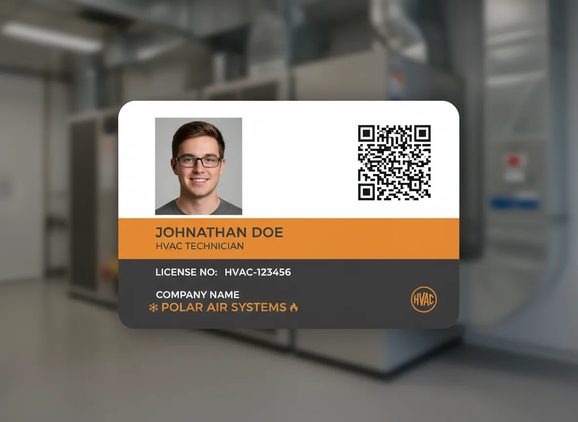 HVAC maintenance service employee ID card, showing square photo, QR code, and numerous text labels inside full card length color panels.