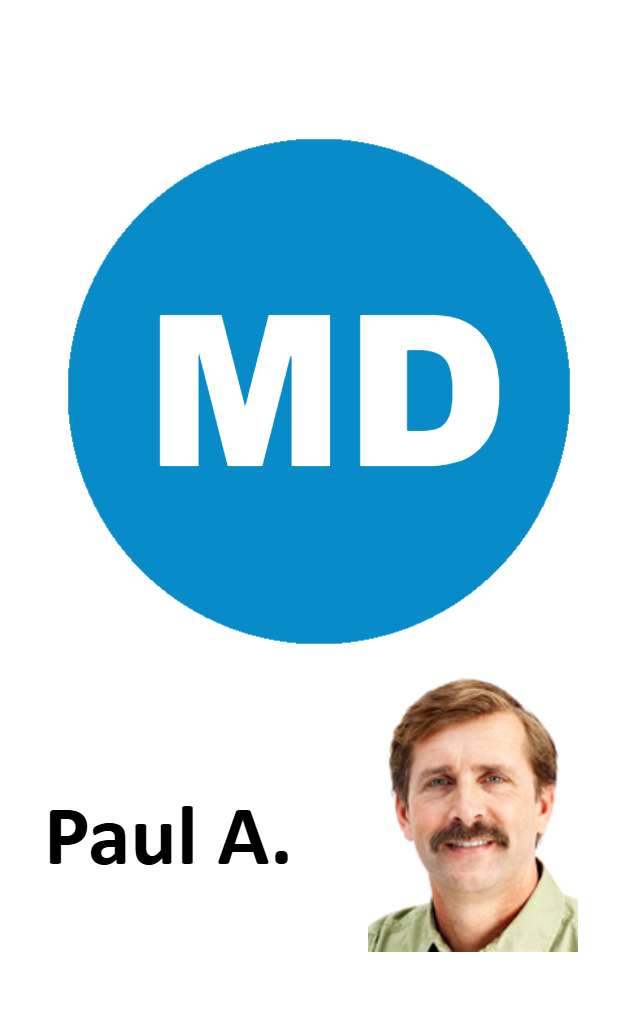 ID badge template featuring a blue circle with bold white "MD" above the name line, and a smiling man with brown hair and mustache at the bottom right. Wear resistant, clear overlay option