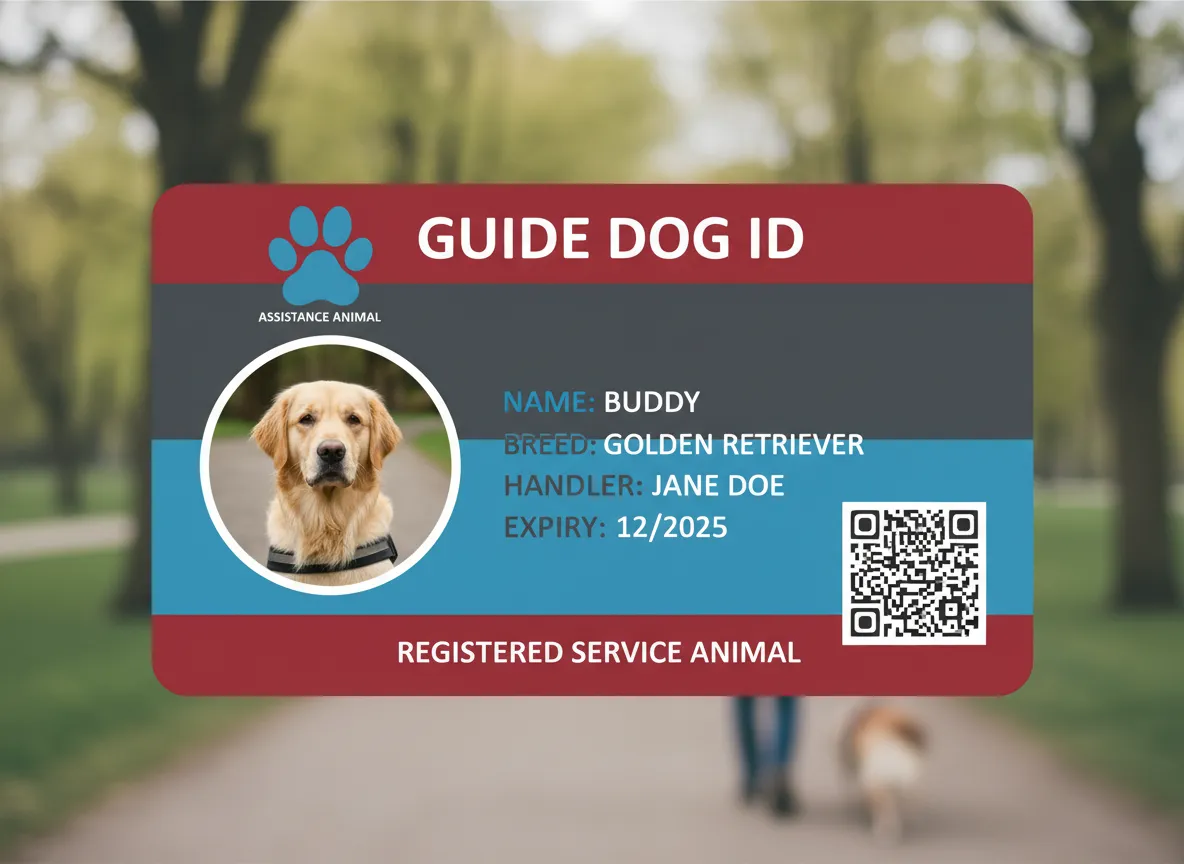 ID badge for a guide dog, displaying the animal photo, handler and dog names, QR code, and optional holographic image overlay for added security.