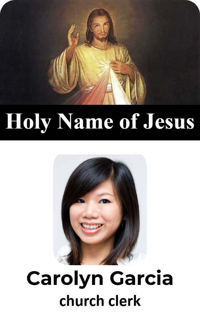 Template for id badge: Portrait of Jesus with raised hand atop a “Holy Name of Jesus” banner, beneath which is a smiling woman labeled as church clerk; waterproof, 40mil thick option