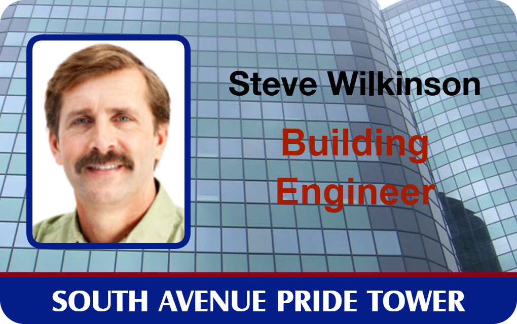 Template ID badge for South Avenue Pride Tower with a man's photo, Building Engineer title, glass office building background; durable PVC, 40mil thick option, waterproof