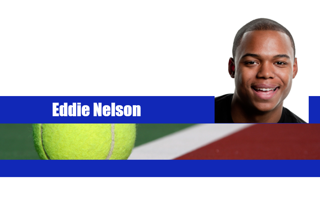 ID badge template featuring a man smiling next to bold blue text, with a tennis ball on court in foreground; durable PVC, waterproof, bend resistant, clear overlay option