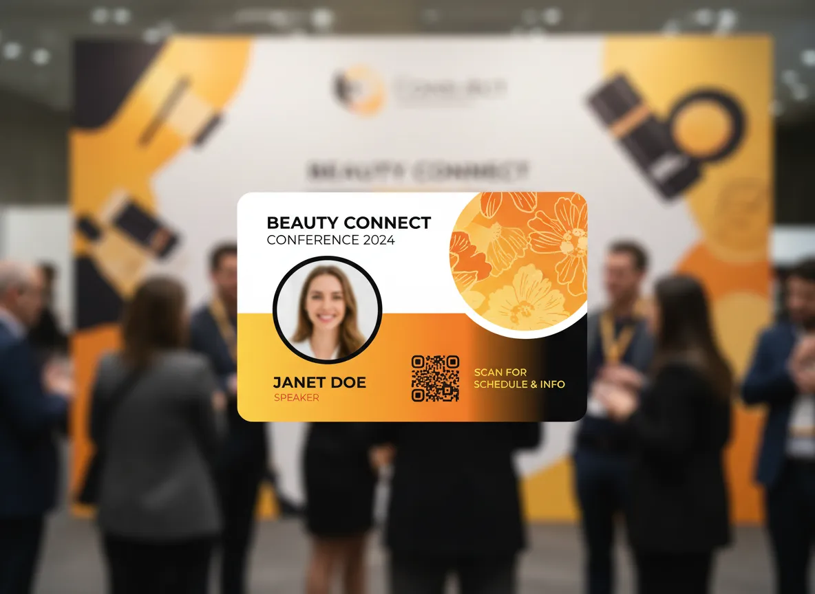ID card customized for an event, featuring yellow, orange and black colors theme, with rounded flowers image, along with QR code and text fields.