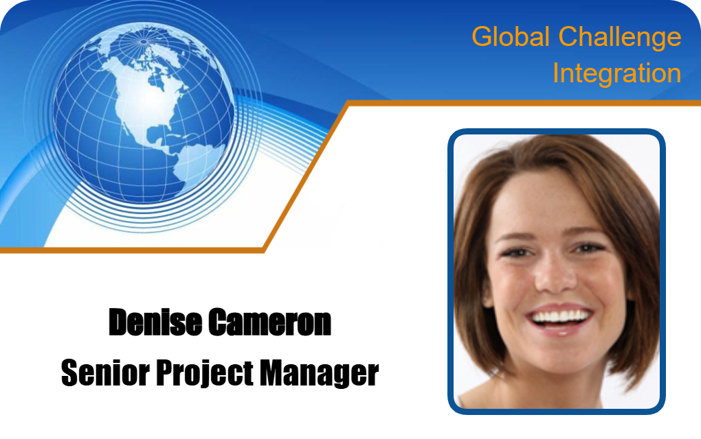 Template ID card featuring a globe graphic, Global Challenge Integration text, photo of a smiling woman, Senior Project Manager title; waterproof and bend resistant with clear overlay option