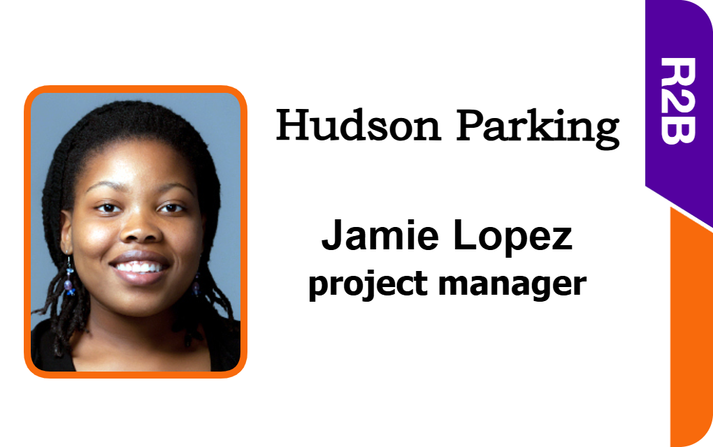Template id card featuring a smiling person with short braids, text reading Hudson Parking, project manager title, purple R2B label, durable PVC and NFC near-frequency field option