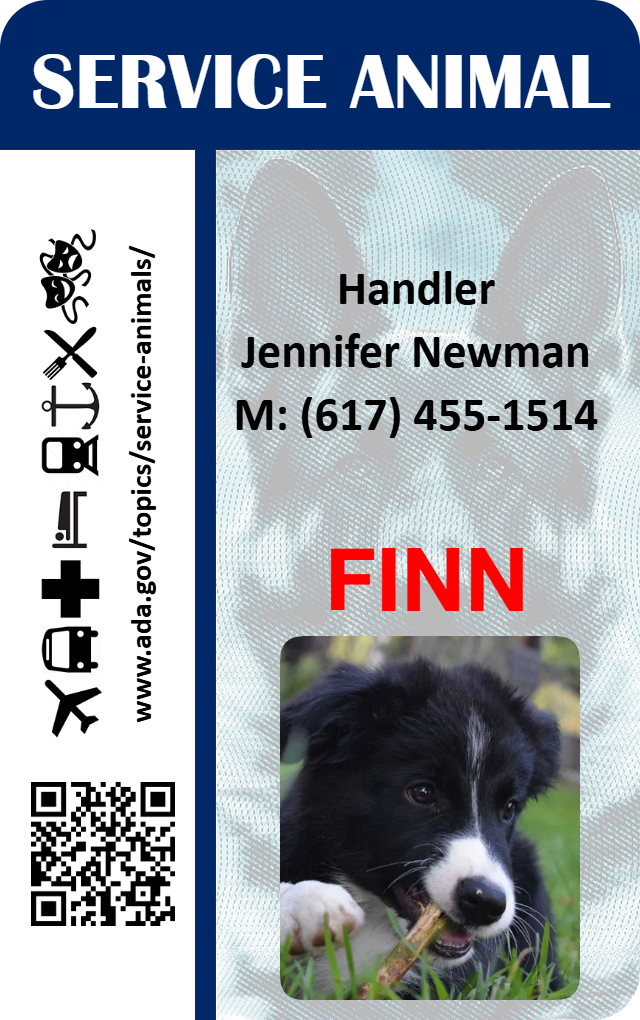 Service animal id badge with guilloche pattern background and access icons