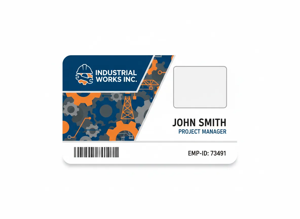 Industrial machinery industry theme, ID card template, with context specific trapezoid shape panel, person's name, photo, title and serial number.